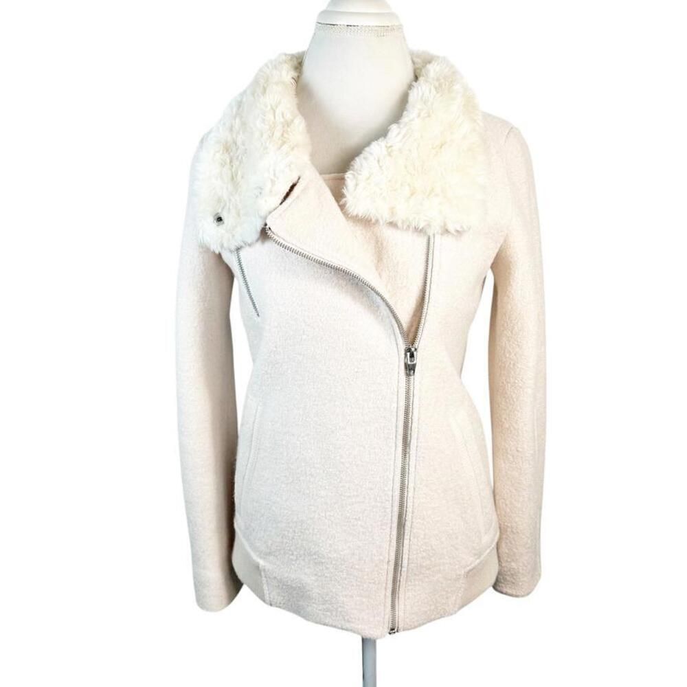 Zara Trafaluc Moto Asymmetrical Zip Coat Faux Fur Blush Pink Wool Jacket Size XS - Picture 8 of 11